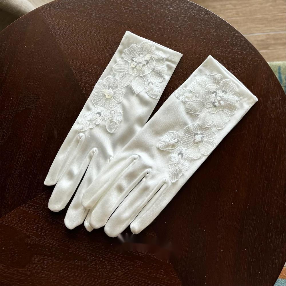 White Satin Wedding Gloves with Lace
