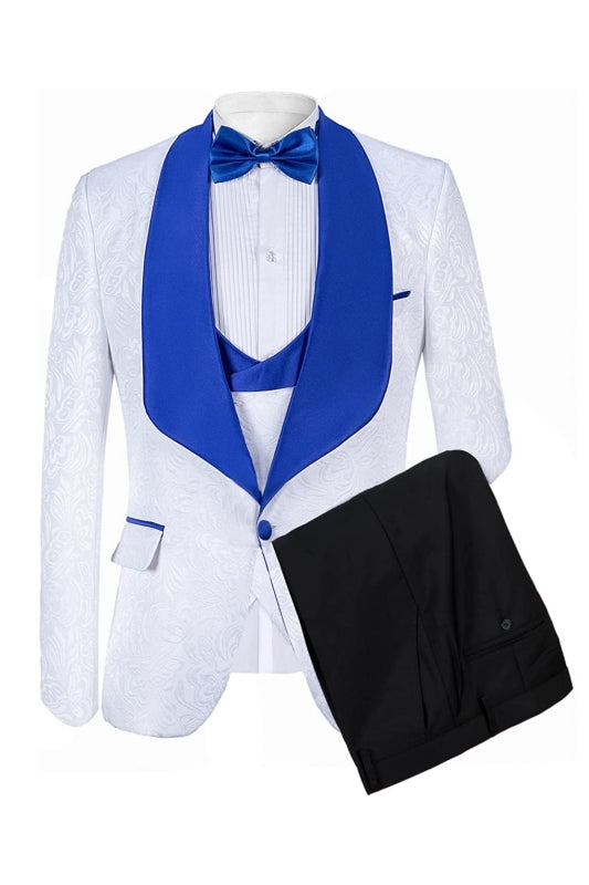 White Shawl Collar Slim Fit Jacquard Suit for Wedding