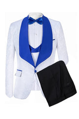 White Shawl Collar Slim Fit Jacquard Suit for Wedding
