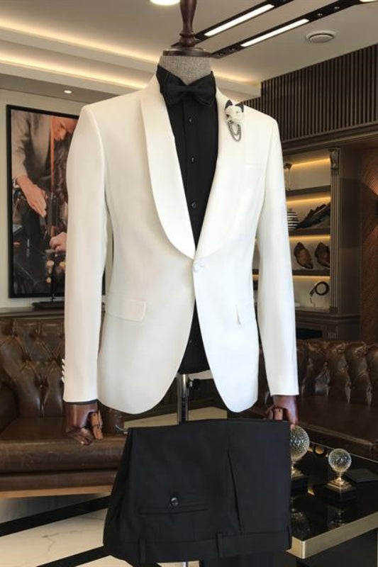 White Shawl Collar Two-Piece Close-Fitting Groom's Wedding Ensemble