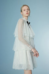 White Short Lace Cake Dress with Long Sleeves