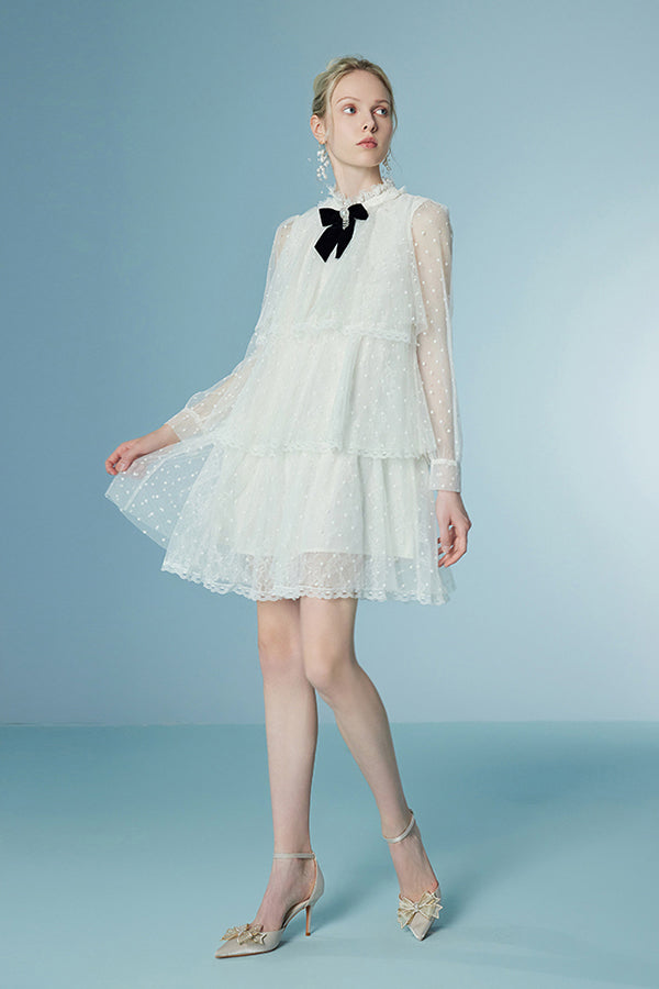 White Short Lace Cake Dress with Long Sleeves