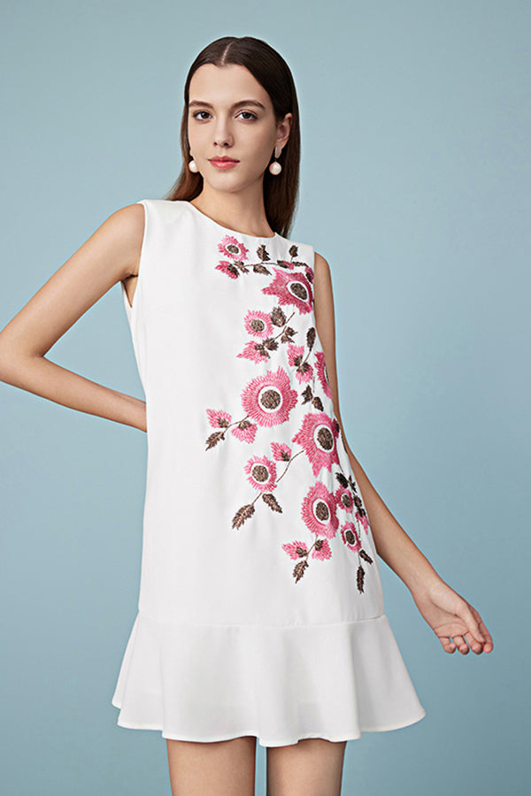 White Short Printed Sleeveless Dress