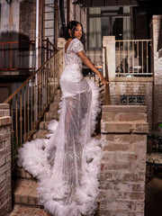 White Short Sleeve V-neck Prom Dress Beaded Ruffle Mermaid Gown with Slit