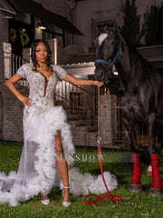 White Short Sleeve V-neck Prom Dress Beaded Ruffle Mermaid Gown with Slit