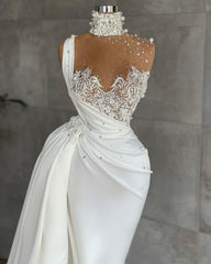 White Sleeveless Satin Beading Ruffles Mermaid Prom Evening Dresses