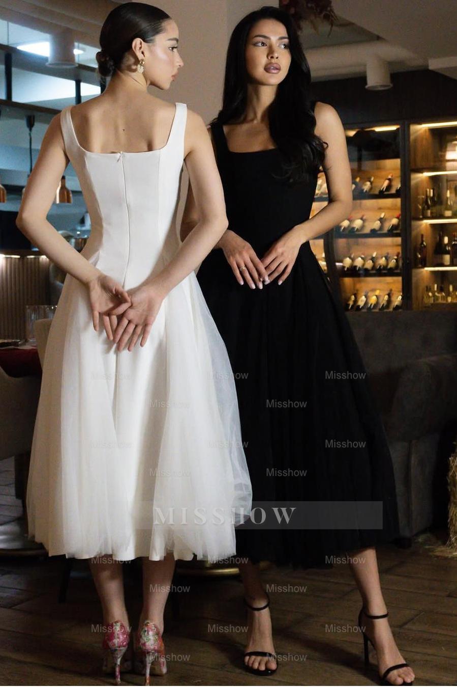 White Square Neck Straps Sleeveless Long Formal Dress With Tulle