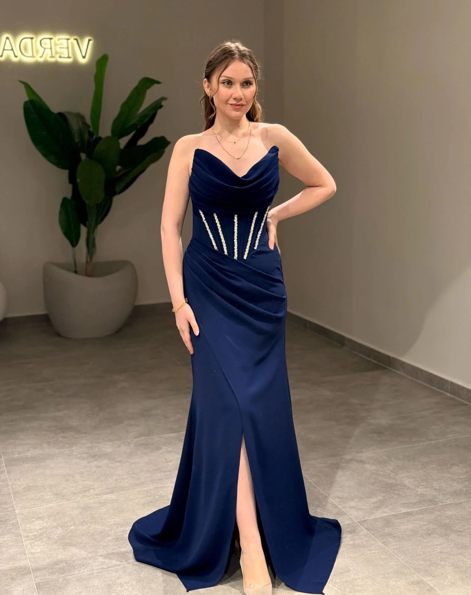 White Strapless Long Mermaid Evening Dress Beaded Corset Draped Open Back High Slit