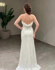 White Strapless Long Mermaid Evening Dress Beaded Corset Draped Open Back High Slit