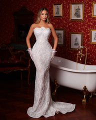 White Strapless Long Mermaid Wedding Dress Beaded Lace Applique Chapel Train Bridal Gown
