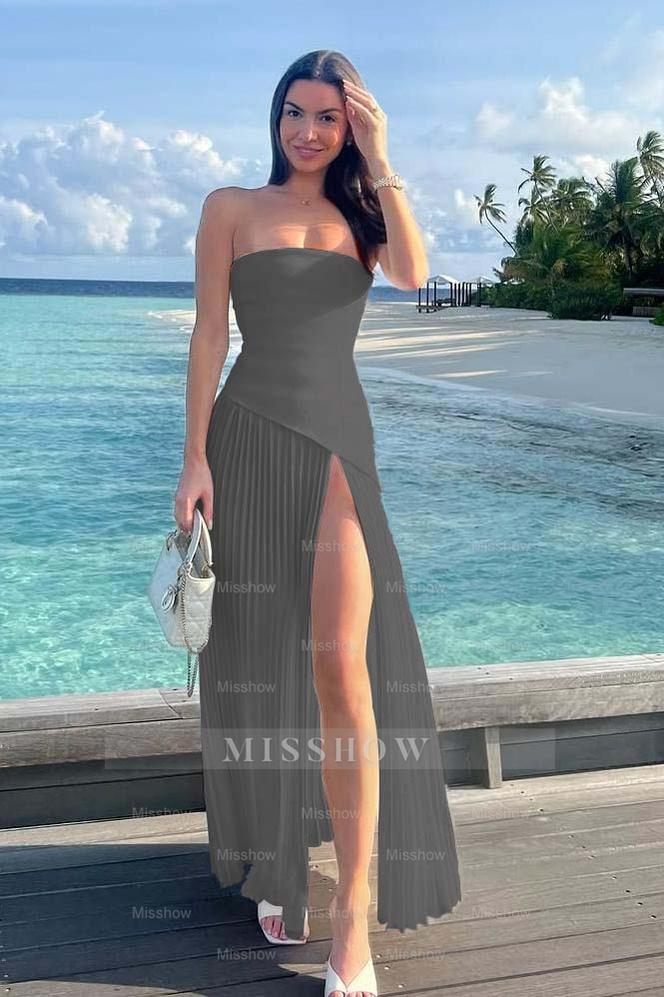 Dark grey strapless pleated fit-and-flare evening dress