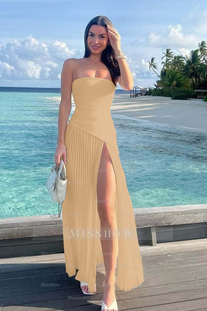 Champagne strapless pleated fit-and-flare evening dress