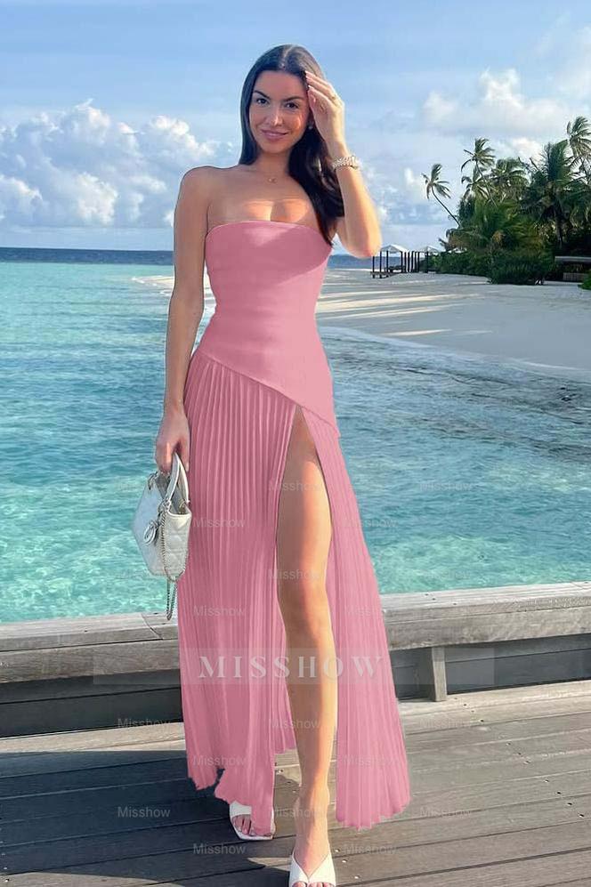 Pink strapless pleated fit-and-flare evening dress