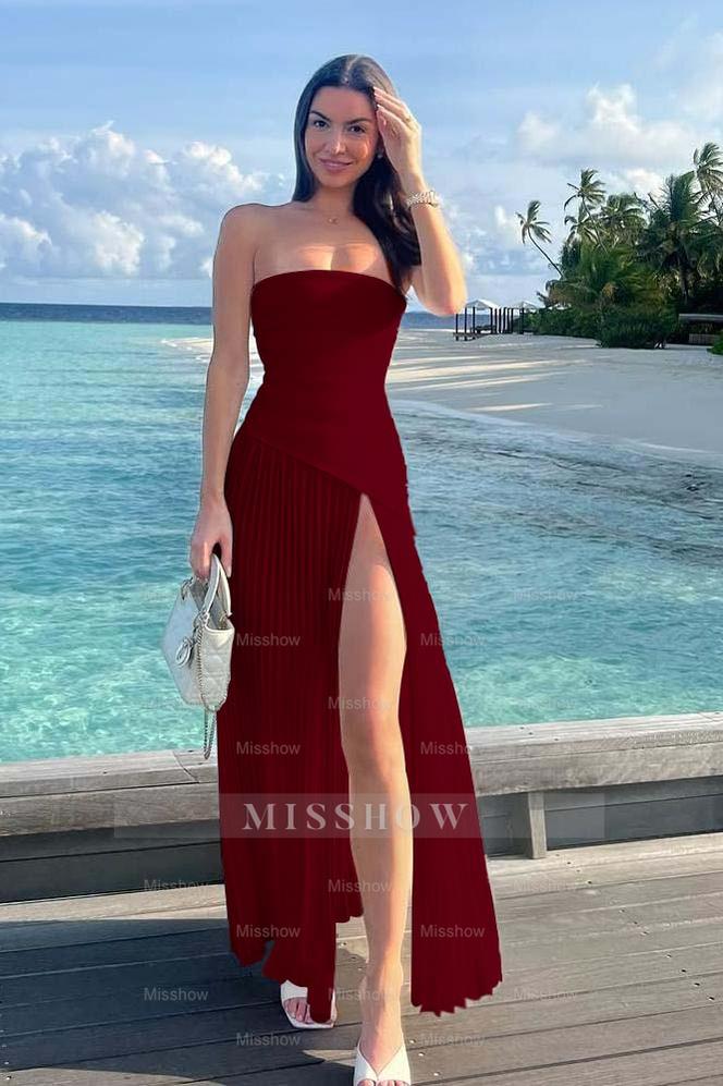 Burgundy strapless pleated fit-and-flare evening dress