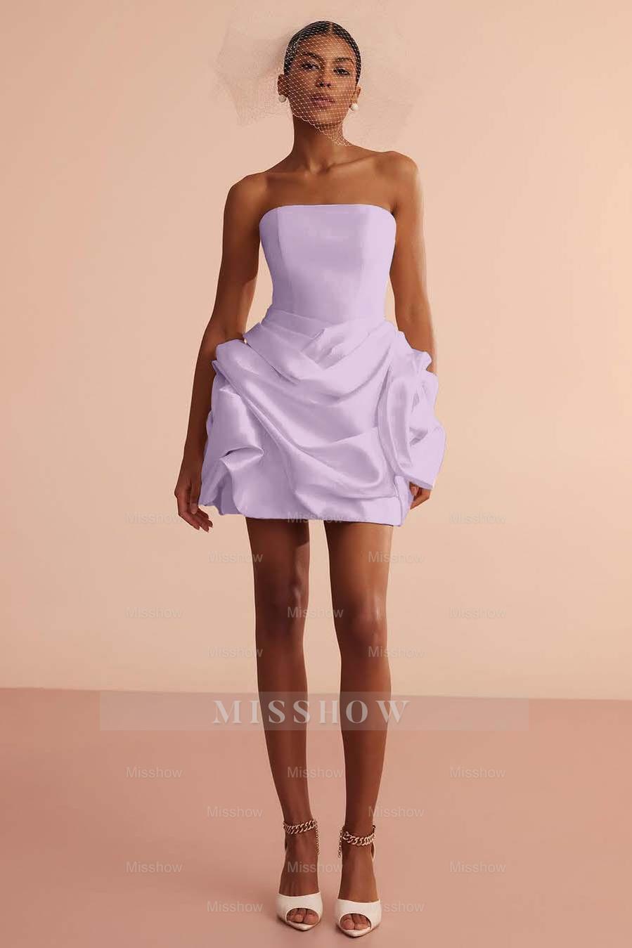 White Strapless Sleeveless Fit and Flare Satin Ruffled Mini Formal Evening Dress