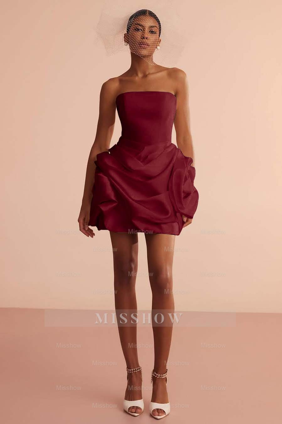 White Strapless Sleeveless Fit and Flare Satin Ruffled Mini Formal Evening Dress