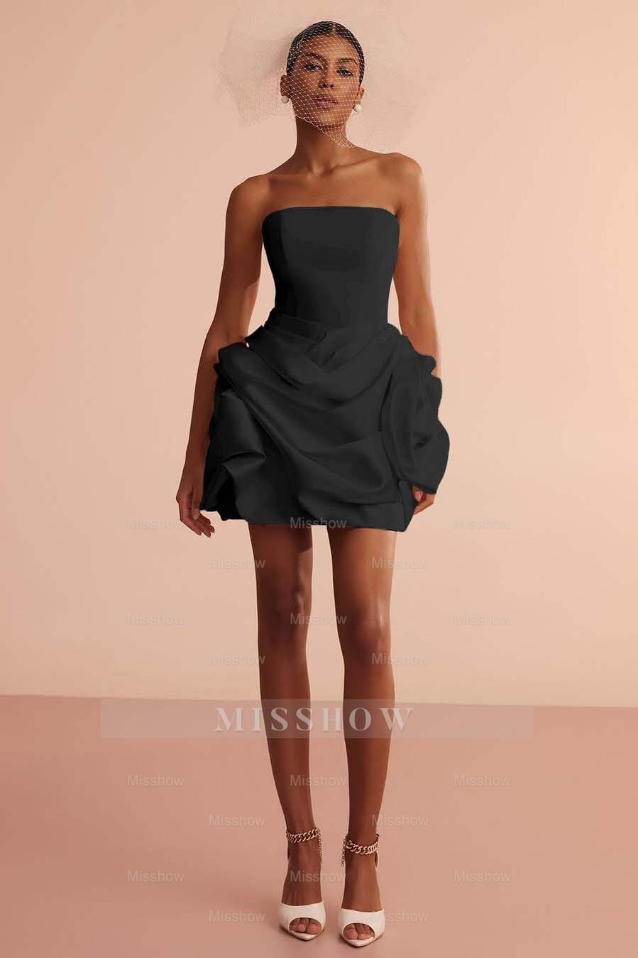 White Strapless Sleeveless Fit and Flare Satin Ruffled Mini Formal Evening Dress