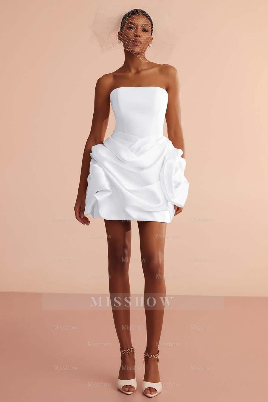 White Strapless Sleeveless Fit and Flare Satin Ruffled Mini Formal Evening Dress