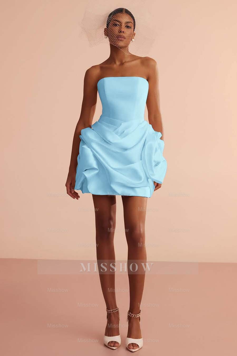 White Strapless Sleeveless Fit and Flare Satin Ruffled Mini Formal Evening Dress