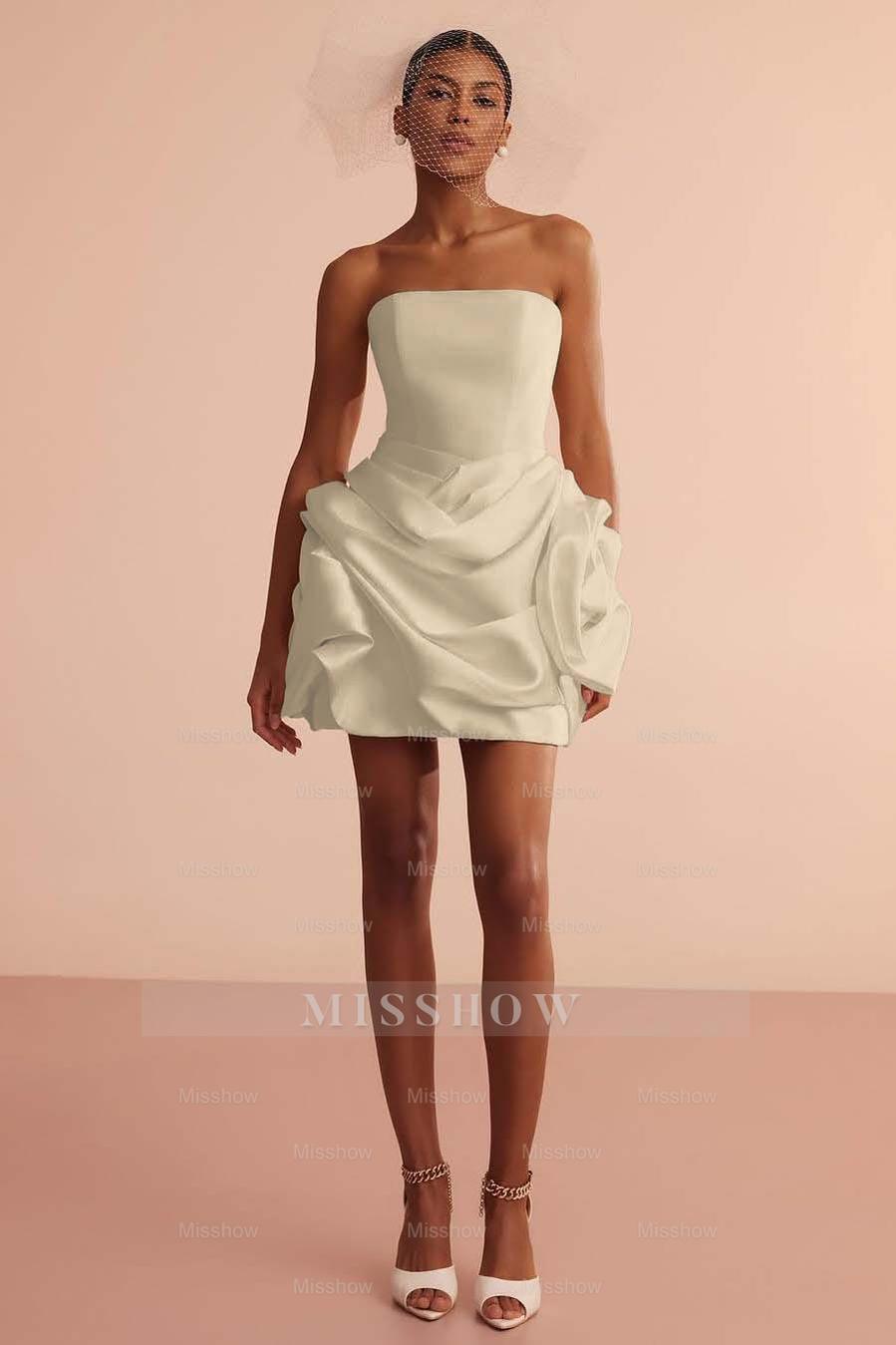 White Strapless Sleeveless Fit and Flare Satin Ruffled Mini Formal Evening Dress