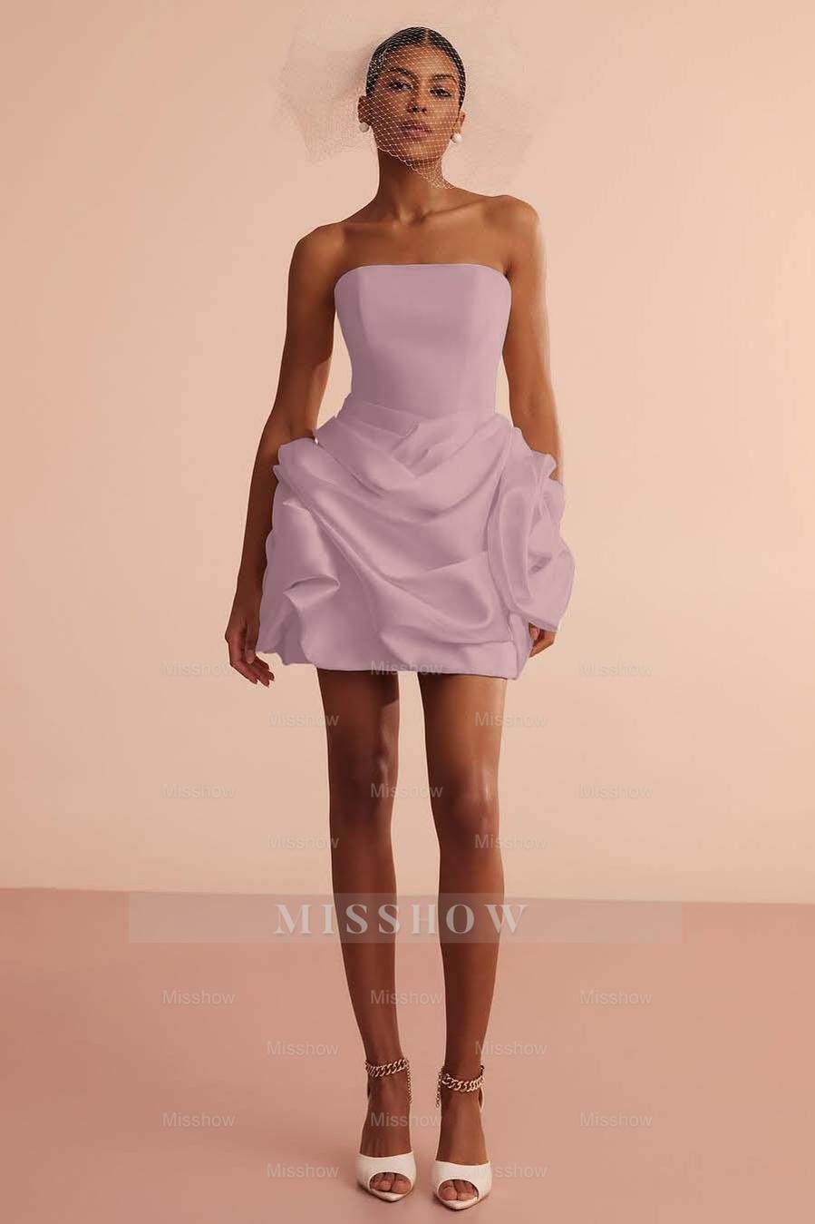 White Strapless Sleeveless Fit and Flare Satin Ruffled Mini Formal Evening Dress