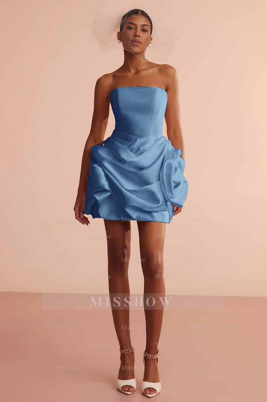 White Strapless Sleeveless Fit and Flare Satin Ruffled Mini Formal Evening Dress
