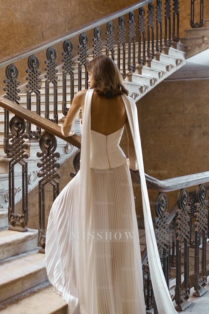 White Strapless Sleeveless Long Formal Dress With Pleated Ruffles