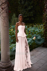 White Strapless Sleeveless Sweetheart A-Line Lace Applique Pleated Formal Evening Dress