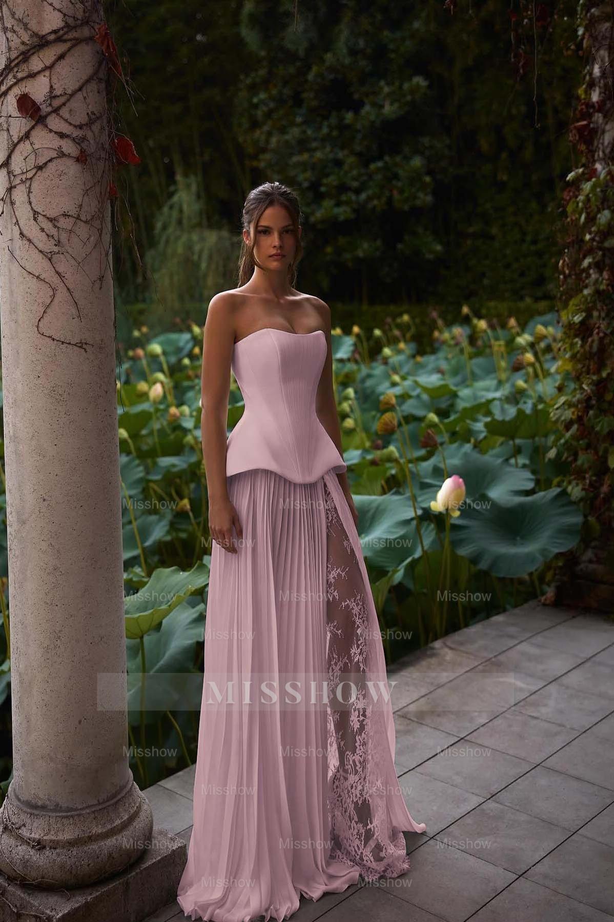 White Strapless Sleeveless Sweetheart A-Line Lace Applique Pleated Formal Evening Dress