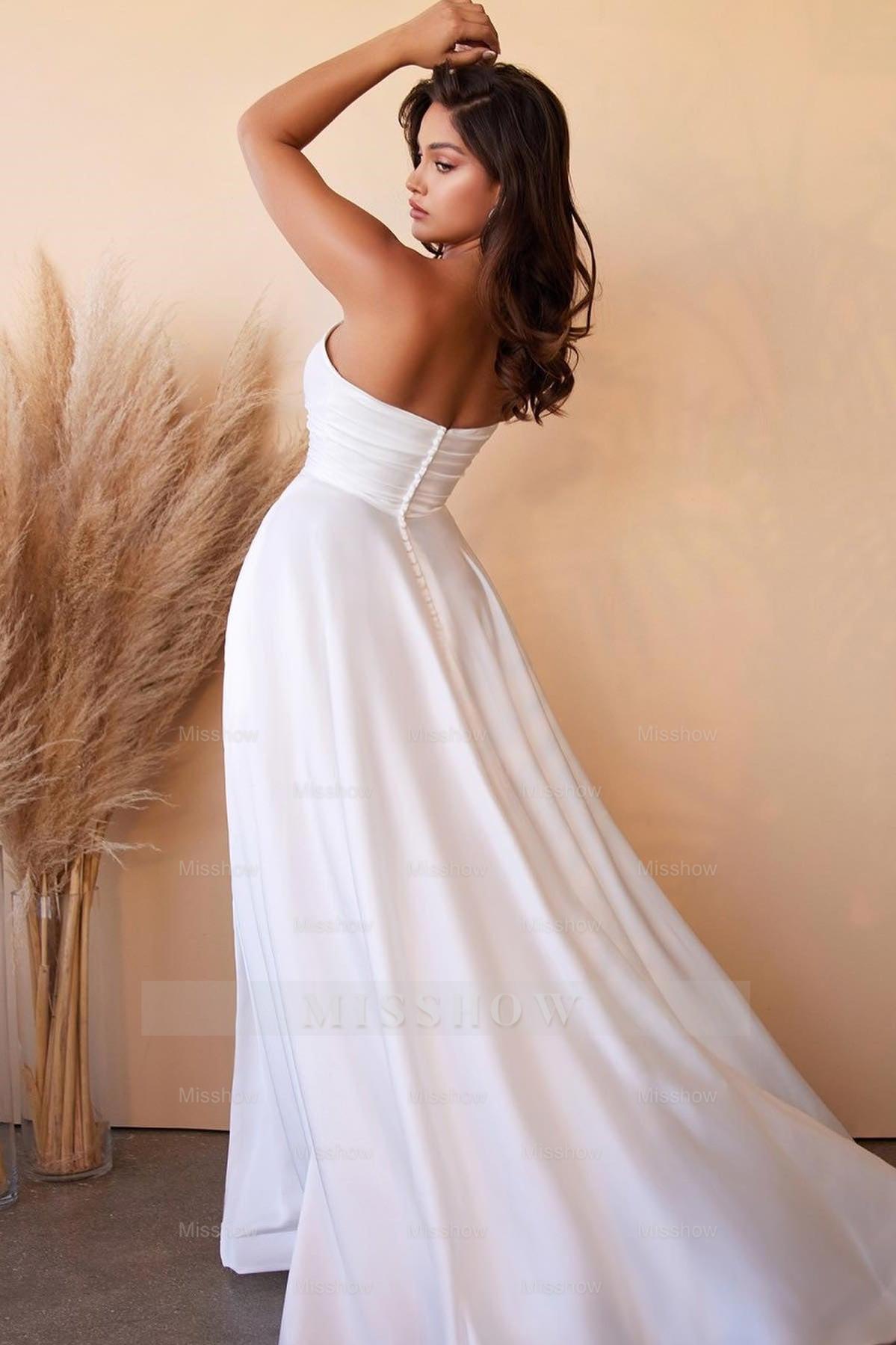 White Strapless Sweetheart A Line Formal Dress With Split Gloves Online