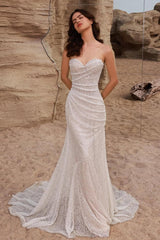 White Strapless Sweetheart Sequined Pleated Mermaid Floor Length Formal Evening Gown