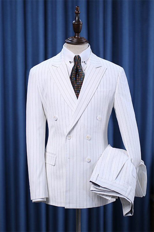 White Striped Double-Breasted Peak Lapel Men's Business Suit