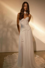 White Sweetheart Sleeveless A-Line Chiffon Belted Ruffles Floor Formal Evening Dress