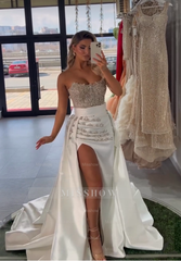 White Sweetheart Sleeveless Beaded Mermaid Satin High Slit Floor Formal Evening Gown