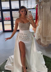 White Sweetheart Sleeveless Beaded Mermaid Satin High Slit Floor Formal Evening Gown