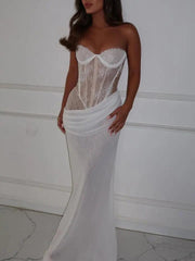 White Sweetheart Sleeveless Lace Mermaid Pleated Floor Length Formal Evening Gown