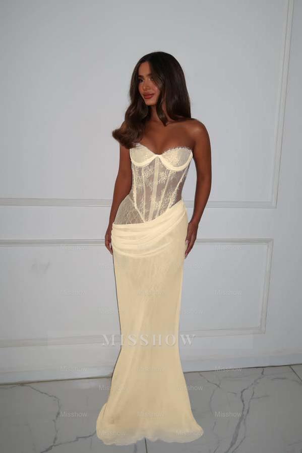White Sweetheart Sleeveless Lace Mermaid Pleated Floor Length Formal Evening Gown
