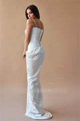 White Sweetheart Spaghetti Straps Bodycon Satin Draped Floor Length Formal Evening Dress