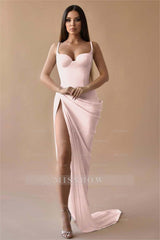 White Sweetheart Spaghetti Straps Bodycon Satin Draped Floor Length Formal Evening Dress