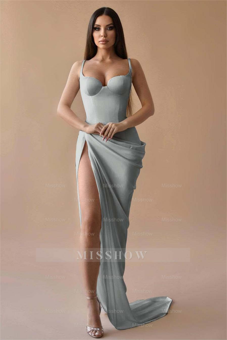 White Sweetheart Spaghetti Straps Bodycon Satin Draped Floor Length Formal Evening Dress