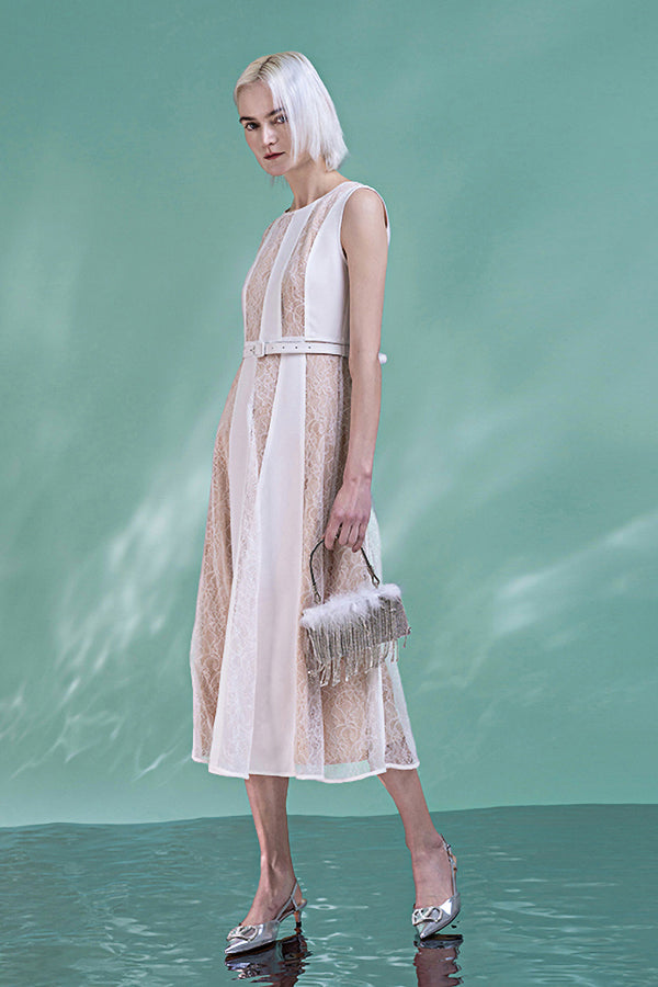 White Tea Length Sleeveless Lace Dress