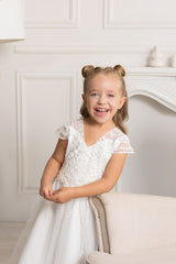 White Tulle Flower Girl Dress V-Neck Sheer Cap Sleeves Pearl Crystal Beading A-Line Tea Length