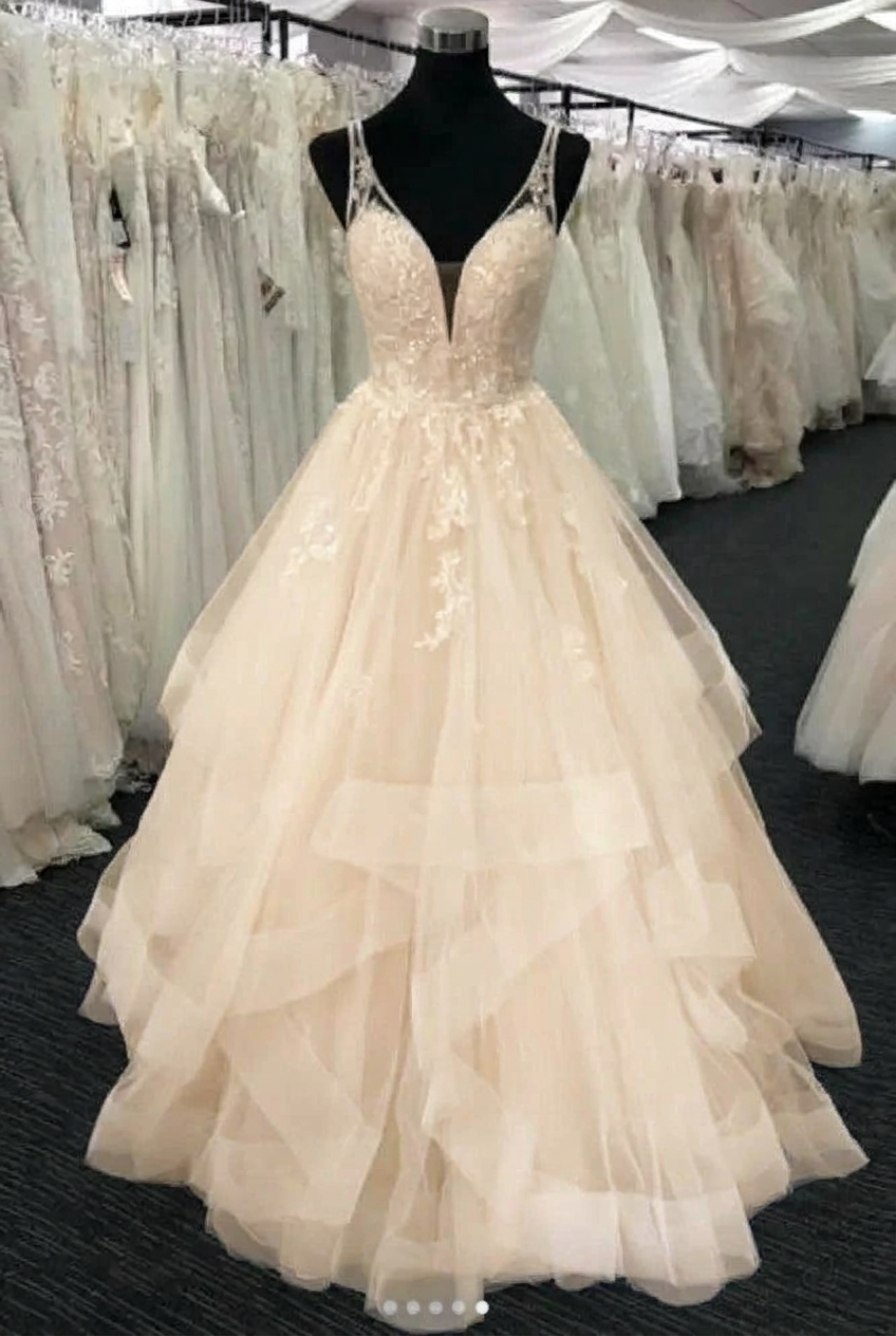 Champagne v-neck tulle a-line wedding dress