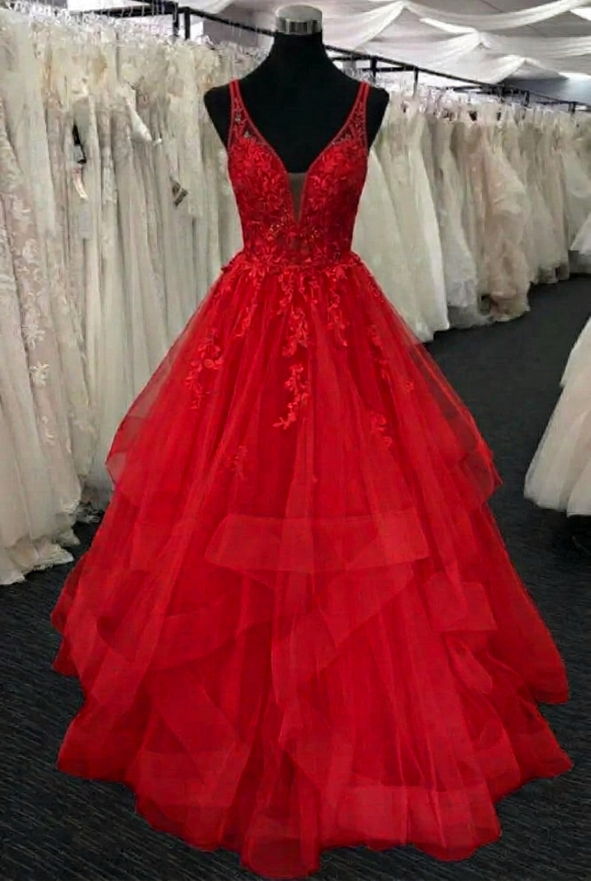 Red v-neck tulle a-line wedding dress
