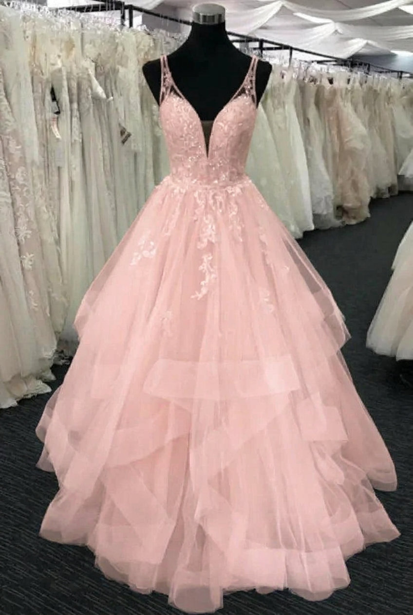 Blushing pink v-neck tulle a-line wedding dress