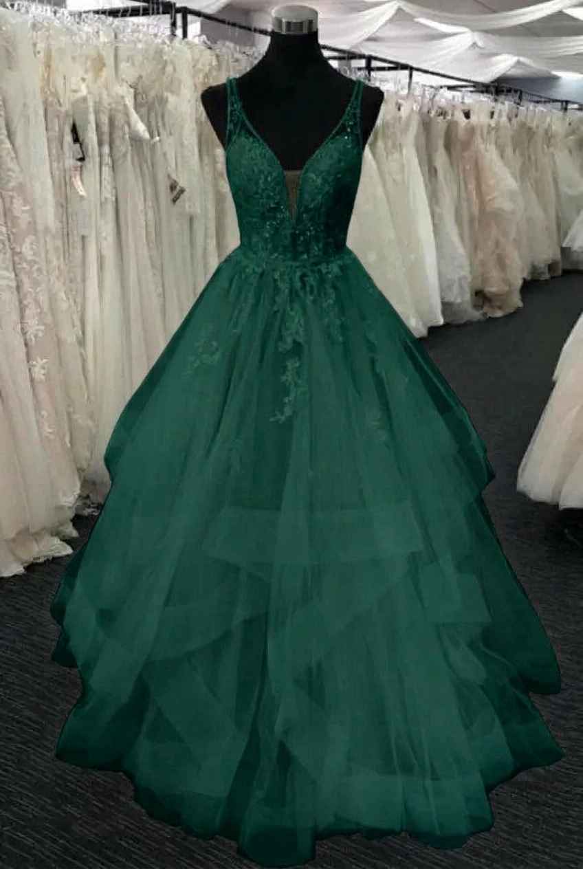 Dark green v-neck tulle a-line wedding dress