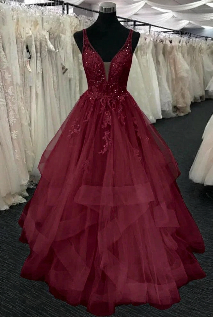 Burgundy v-neck tulle a-line wedding dress