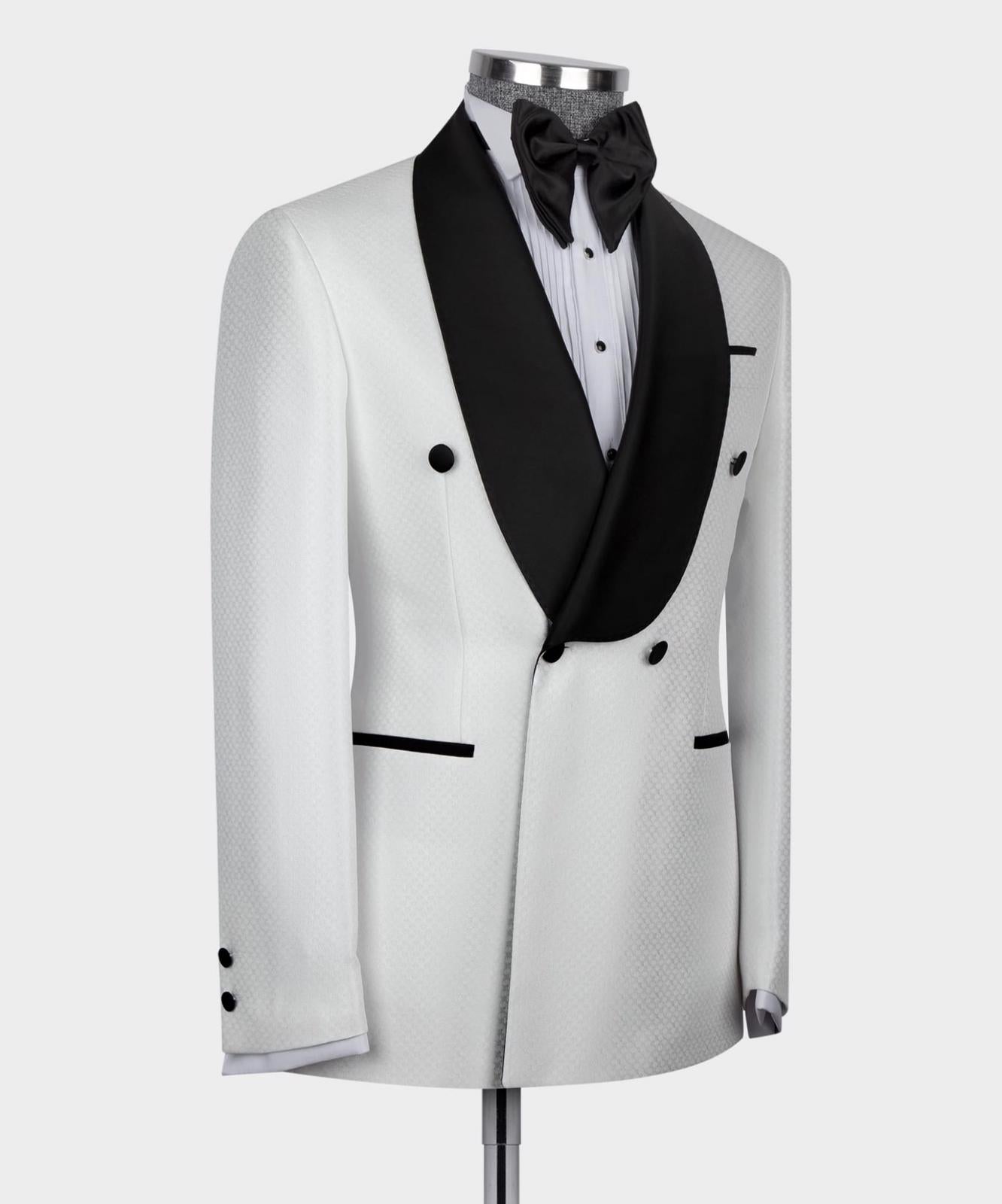 White Two-Piece Double-Breasted Wedding Suit with Black Shawl Collar