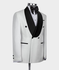 White Two-Piece Double-Breasted Wedding Suit with Black Shawl Collar