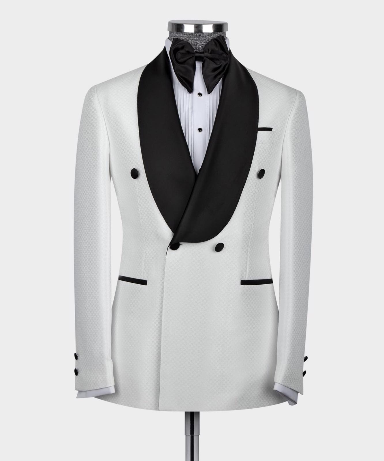 White Two-Piece Double-Breasted Wedding Suit with Black Shawl Collar